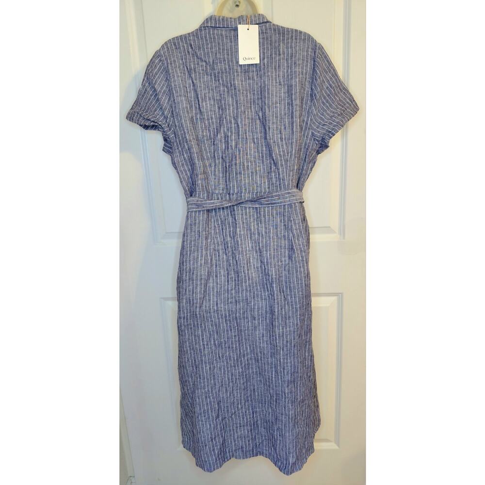 Quince European Linen Button Front Midi Dress Chambray Stripe Size L Coastal NWT - Picture 5 of 14
